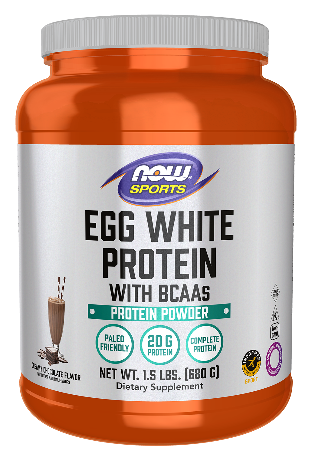 NOW Sports, Egg White Protein, 20g w/BCAAs, Creamy Chocolate, 1.5 lbs