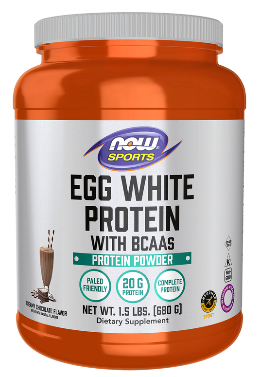 NOW Sports, Egg White Protein, 20g w/BCAAs, Creamy Chocolate, 1.5 lbs