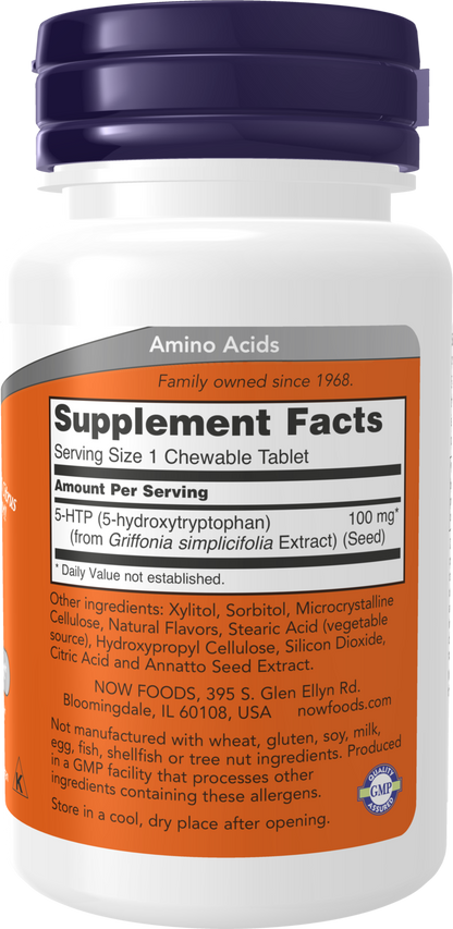 NOW Supplements, 5-HTP (5-hydroxytryptophan) 100 mg, 90 Chewables