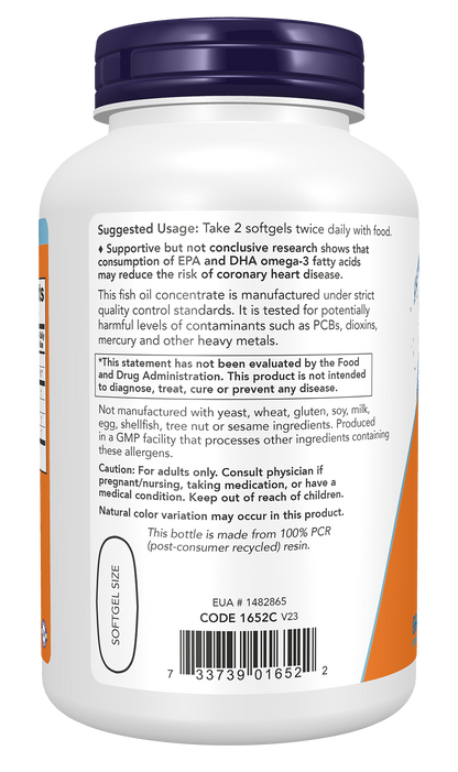 NOW Supplements, Omega-3 180 EPA / 120 DHA, Molecularly Distilled, Cardiovascular Support*, 200 Softgels