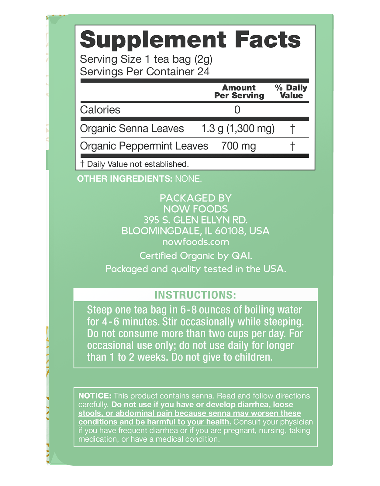 NOW Give a Tea® Organic Senna Mint Tea, Occasional Constipation*, 24 bags