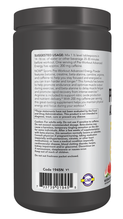 NOW Sports, Pre-Workout Advanced Energy Powder, Watermelon,  21.16 oz