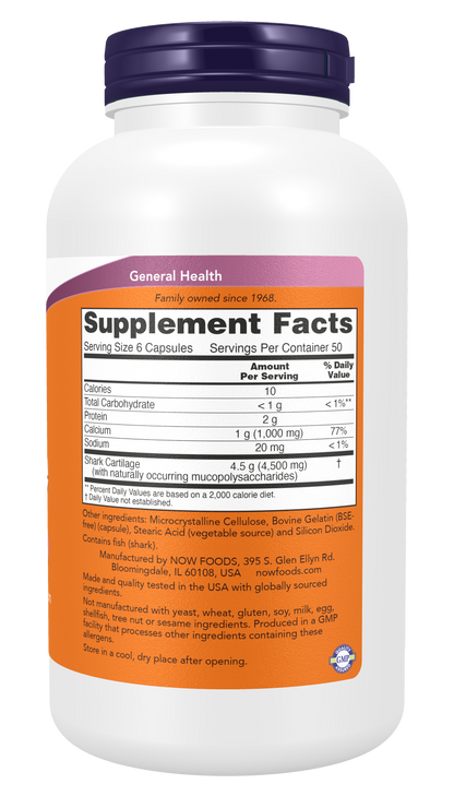NOW Supplements, Shark Cartilage 750 mg with Naturally occurring Mucopolysaccharides and Calcium, 300 Capsules