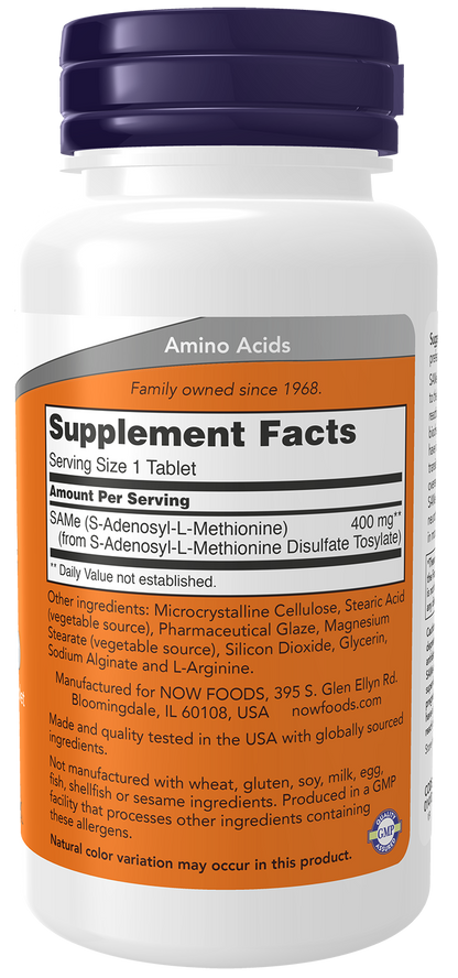 NOW Supplements, SAMe 400 mg, Nervous System Support*, 60 Tabs