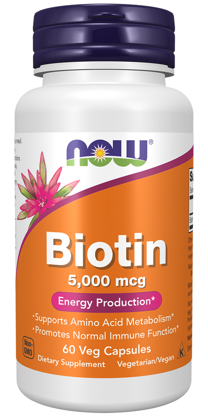 NOW Supplements, Biotin 5,000 mcg, Amino Acid Metabolism*, 60 Veg Caps
