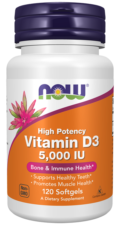 NOW Supplements, Vitamin D-3 5,000 IU, Structural Support*, 120 Softgels