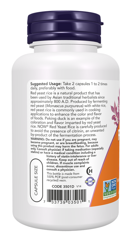 NOW Supplements, Red Yeast Rice 600 mg, Organic Red Yeast, 120 Veg Caps