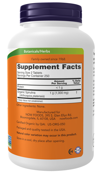 NOW Supplements, Organic Spirulina 500 mg, 500 Tabs