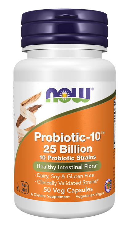NOW Supplements, Probiotic-10™, 25 Billion, with 10 Probiotic Strains, Dairy, Soy and Gluten Free, Strain Verified, 50 Veg Capsules