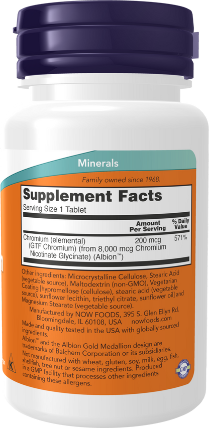 NOW Supplements, GTF (Glucose Tolerance Factor) Chromium 200 mcg, 100 Tabs