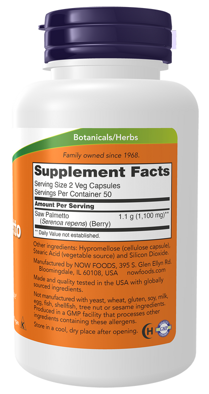 NOW Supplements, Saw Palmetto Berries 550 mg, Men's Health*, 100 Veg Caps
