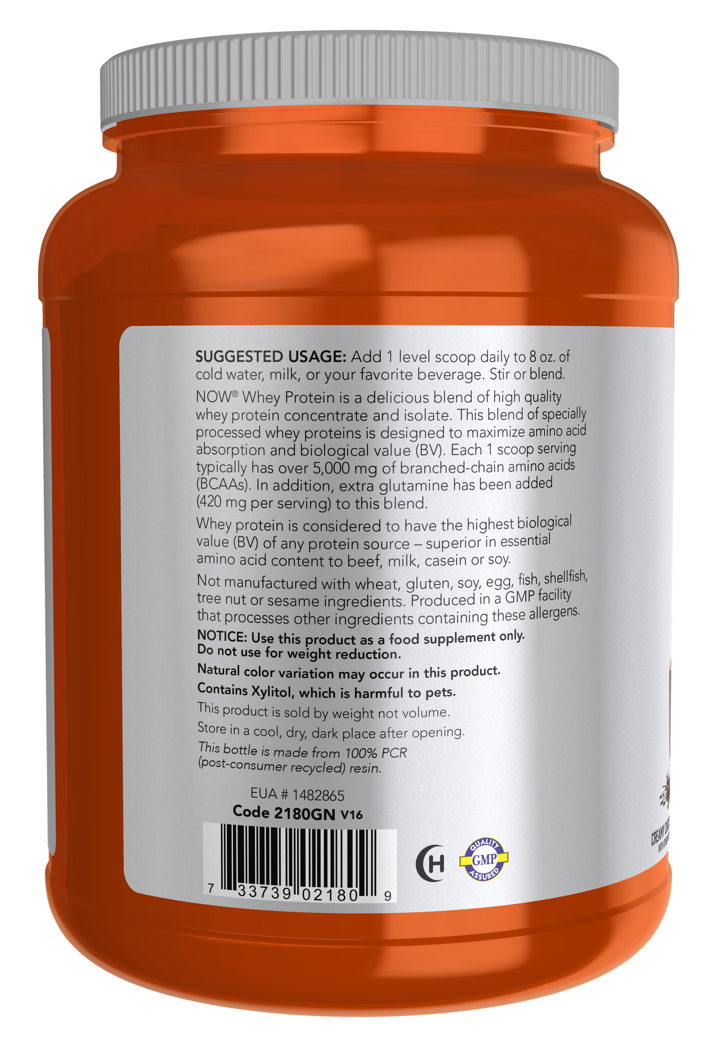 NOW Sports, Whey Protein 24 g With BCAAs, Creamy Chocolate Flavor, 2 lbs