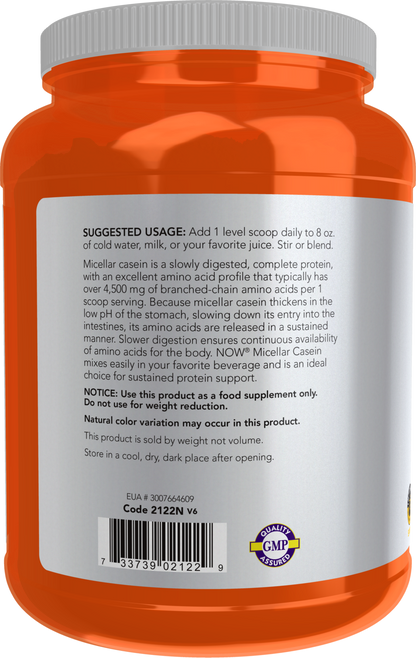 NOW Sports, Casein Protein 19 g, Micellar Casein, Unflavored Powder, 1.8 lb