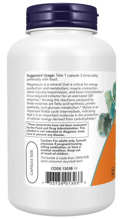 NOW Supplements, Magnesium Malate Caps with 95 mg of Elemental Magnesium, Nervous System Support*, 180 Veg Capsules