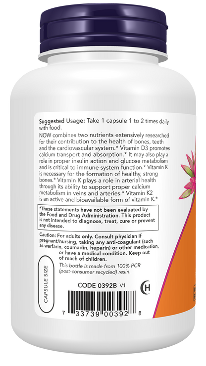 NOW Supplements, Vitamin D3 & K2, 1,000 IU/45 mcg, Plus Cardiovascular Support*, Supports Bone Health*, 240 Veg Capsules