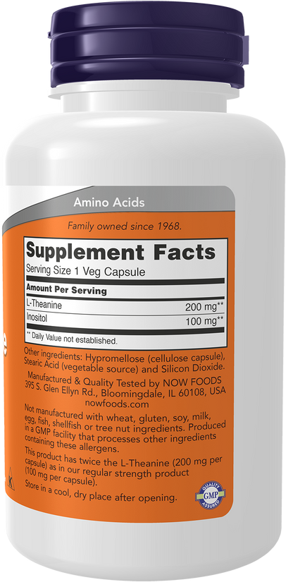 NOW Supplements, L-Theanine 200 mg with Inositol, 120 Veg Caps