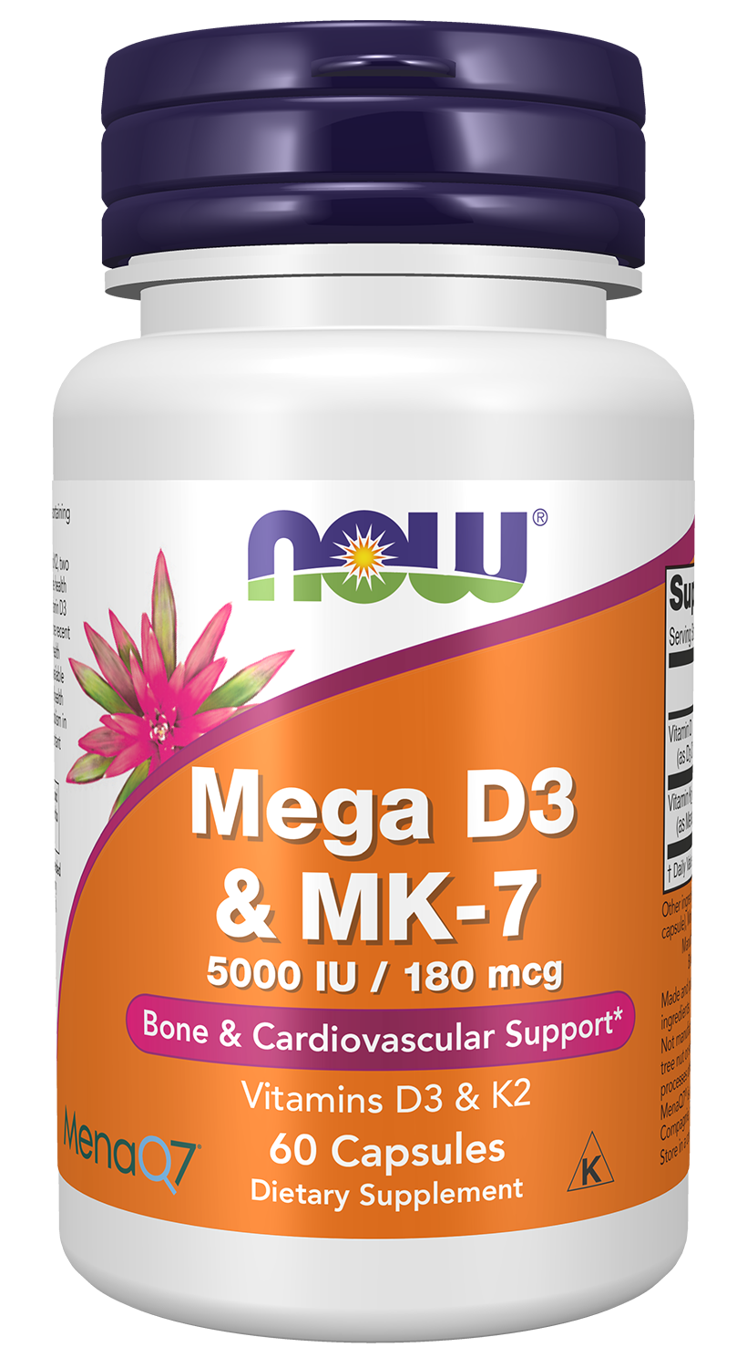 NOW Supplements, Mega D-3 & MK-7 with Vitamins D-3 & K-2, 60 Veg Caps