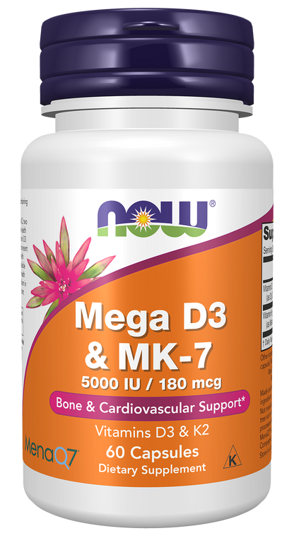 NOW Supplements, Mega D-3 & MK-7 with Vitamins D-3 & K-2, 60 Veg Caps