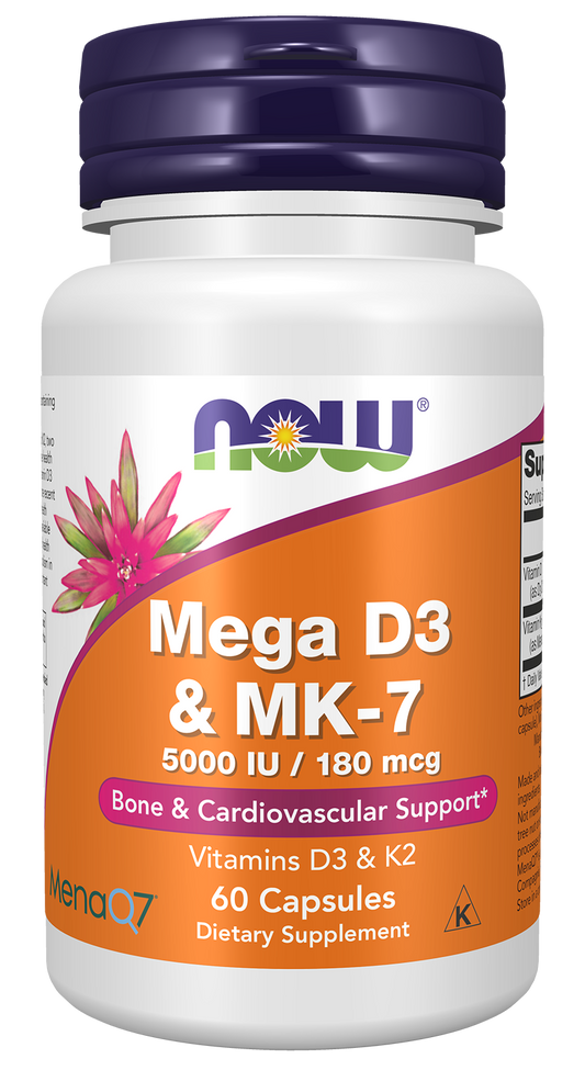 NOW Supplements, Mega D-3 & MK-7 with Vitamins D-3 & K-2, 60 Veg Caps