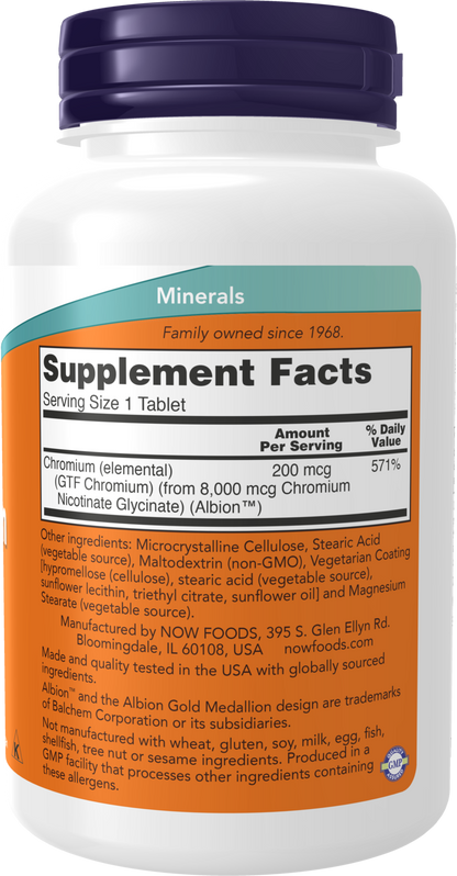 NOW Supplements, GTF (Glucose Tolerance Factor) Chromium 200 mcg, 250 Tabs