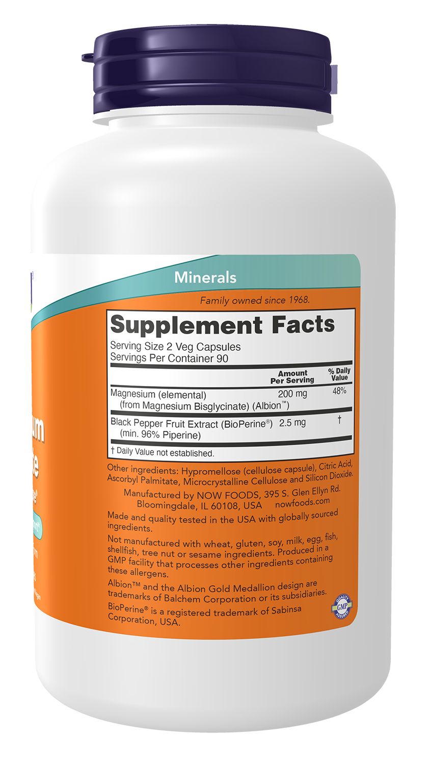 NOW Supplements, Magnesium Glycinate with BioPerine, 180 Veg Capsules