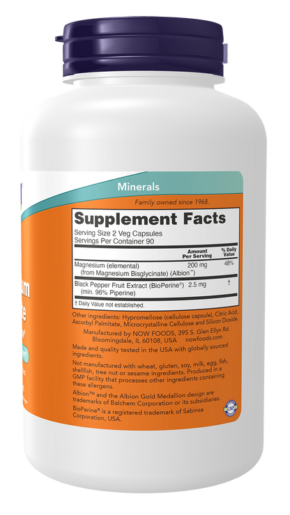 NOW Supplements, Magnesium Glycinate with BioPerine, 180 Veg Capsules