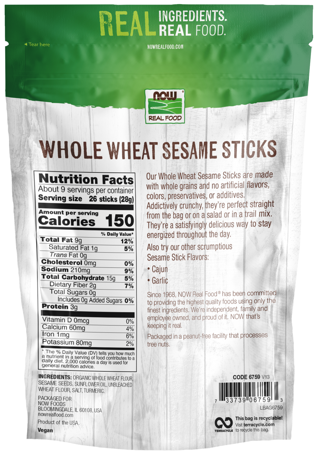 NOW Foods, Whole Wheat Sesame Sticks, Certified Non-GMO, 9 oz