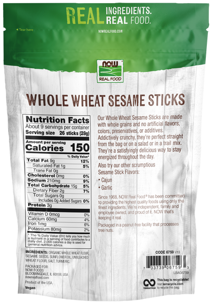 NOW Foods, Whole Wheat Sesame Sticks, Certified Non-GMO, 9 oz