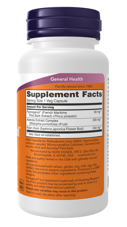 NOW Supplements, Pycnogenol 60 mg with Amla & Rutin Powder, 50 Veg Caps