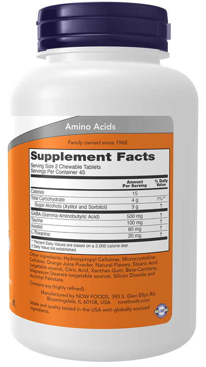 NOW Supplements, GABA, Cognitive Support*, Orange Flavor, 90 Chewables