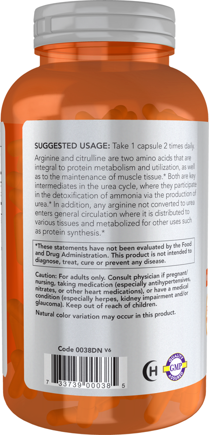 NOW Sports, Arginine & Citrulline 500 mg/ 250 mg, Amino Acids, 240 Veg Caps