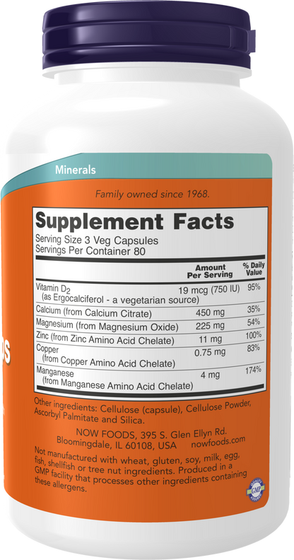 NOW Supplements, Calcium Citrate with Vit D, Magnesium, Zinc, 240 Veg Caps