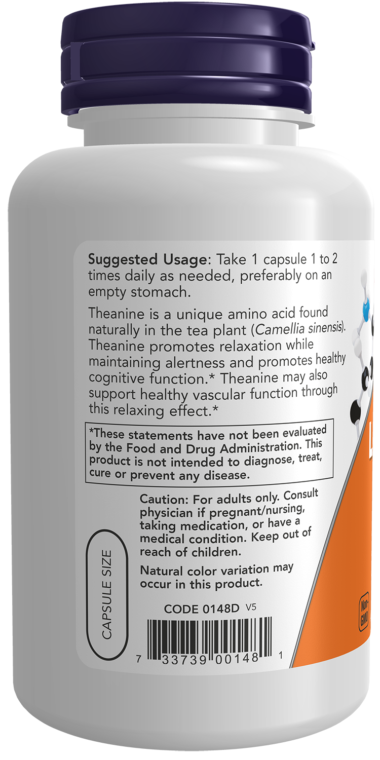NOW Supplements, L-Theanine 200 mg with Inositol, 120 Veg Caps