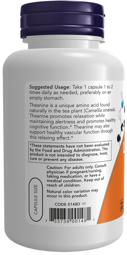 NOW Supplements, L-Theanine 200 mg with Inositol, 120 Veg Caps