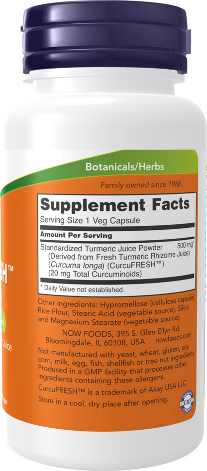 NOW Supplements, CurcuFRESH™ Curcumin, from Turmeric Juice, 60 Veg Caps