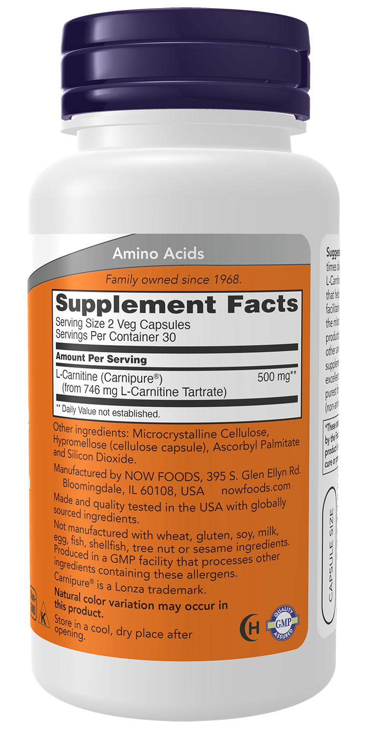 NOW Supplements, L-Carnitine 250 mg, Purest Form, Amino Acid, 60 Veg Caps