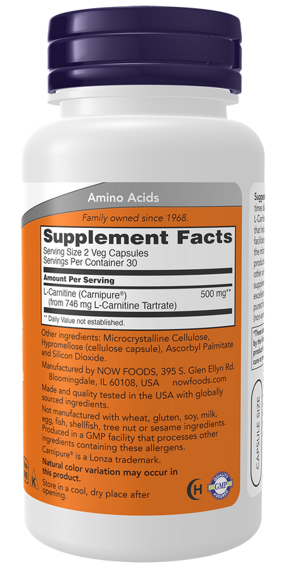 NOW Supplements, L-Carnitine 250 mg, Purest Form, Amino Acid, 60 Veg Caps
