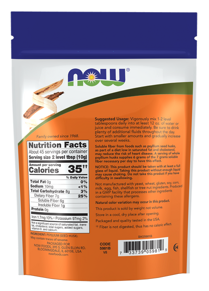 NOW Supplements, Whole Psyllium Husks, Soluble Fiber, 16 oz