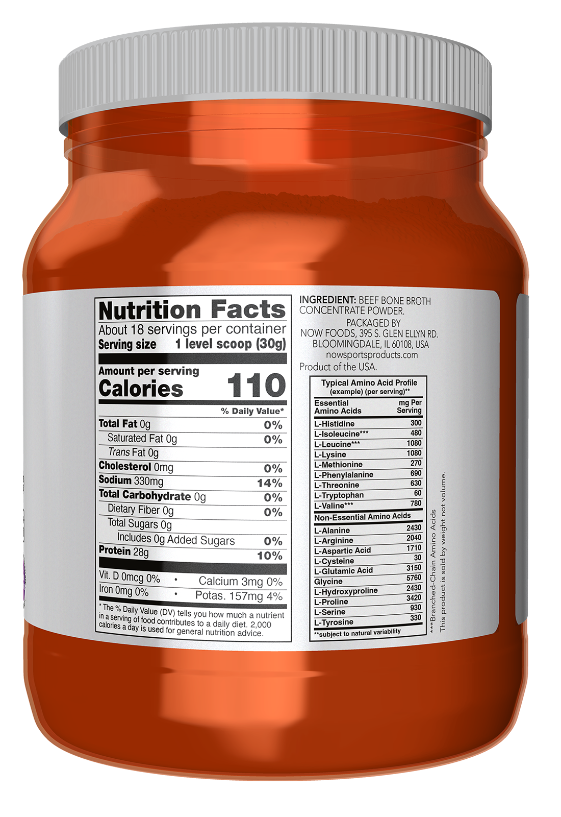 NOW Sports, Beef Bone Broth Powder, Naturally Occurring Collagen, 1.2 lbs