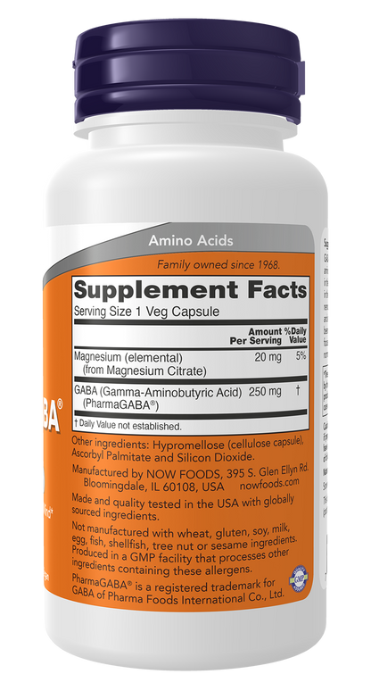NOW Supplements, PharmaGABA 250 mg with Magnesium Citrate, 60 Veg Caps