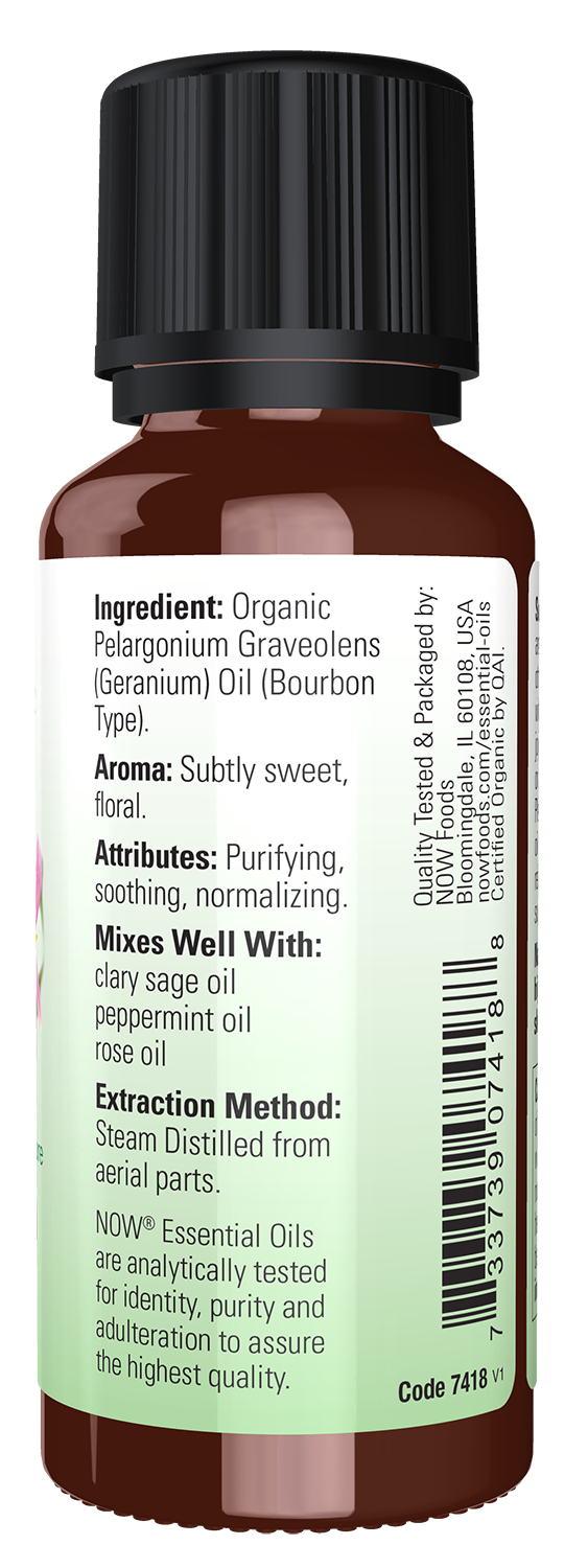 NOW Essential Oils, Organic Geranium Oil, Undiluted, Steam Distil, 1 fl. oz
