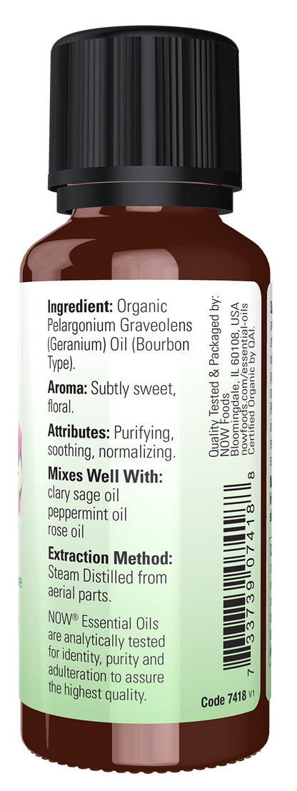 NOW Essential Oils, Organic Geranium Oil, Undiluted, Steam Distil, 1 fl. oz