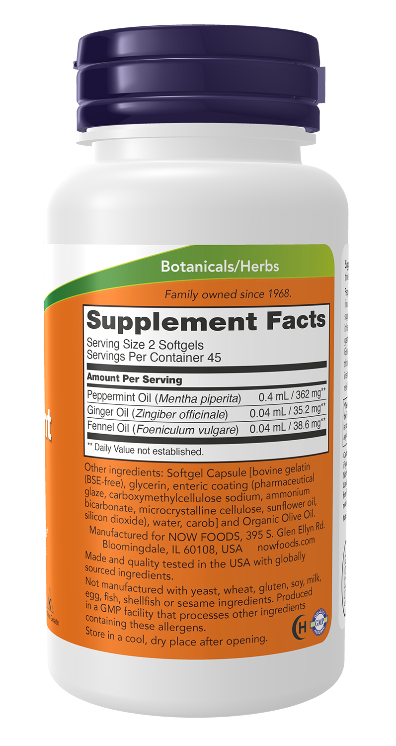 NOW Supplements, Peppermint Gels with Ginger & Fennel Oils, 90 Softgels