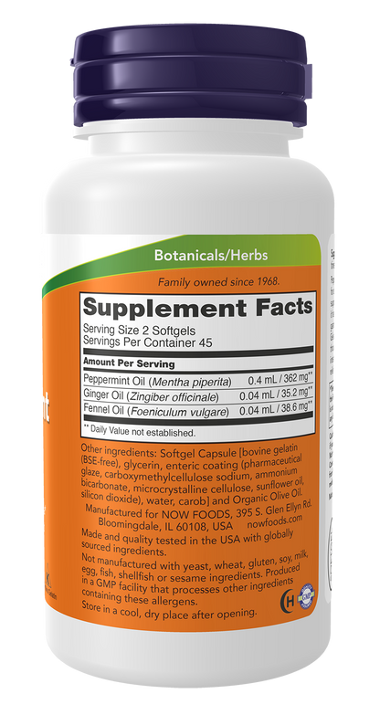 NOW Supplements, Peppermint Gels with Ginger & Fennel Oils, 90 Softgels