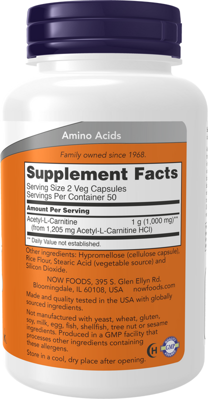 NOW Supplements, Acetyl-L Carnitine 500 mg, Brain Energy*, 100 Veg Caps
