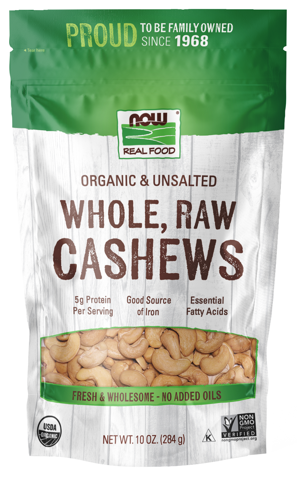 NOW Foods, Certified Organic Cashews, Whole, Raw, Unsalted, 10 oz