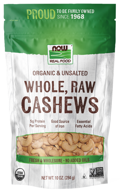 NOW Foods, Certified Organic Cashews, Whole, Raw, Unsalted, 10 oz
