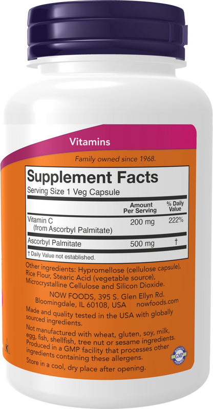 NOW Supplements, Ascorbyl Palmitate 500 mg, Esterified Vit C, 100 Veg Caps