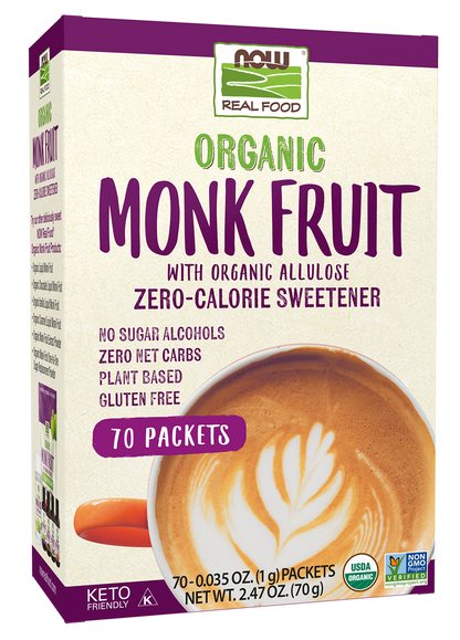 NOW Foods, Organic Monk Fruit, Zero-Calorie Sweetener, Non-GMO, 70 Packets