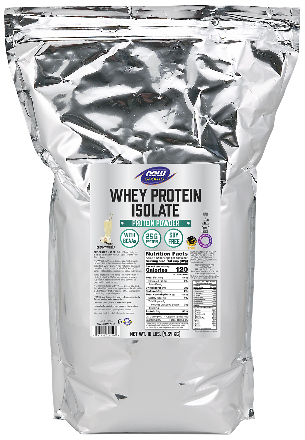 NOW Sports, Whey Protein Isolate 25 g With BCAAs, Vanilla Flavor, 10 lbs
